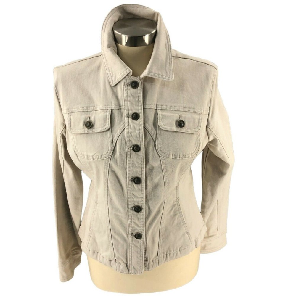 Live a Little Womens Jacket Medium Beige Khakis Stretch Flap Pocket Long Sleeve